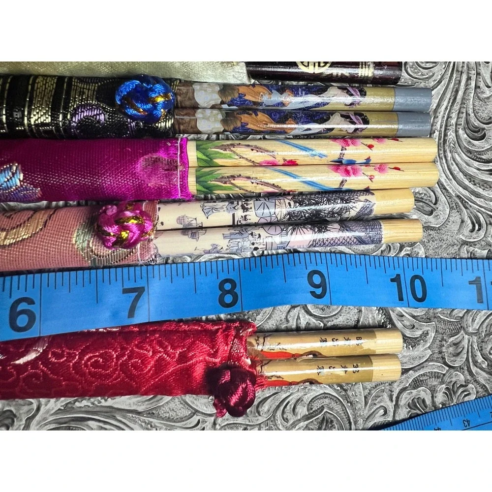 Vintage‎ Asian Bamboo Chopsticks Set of 7 Silk Brocade Sleeves Hand Painted 9in!